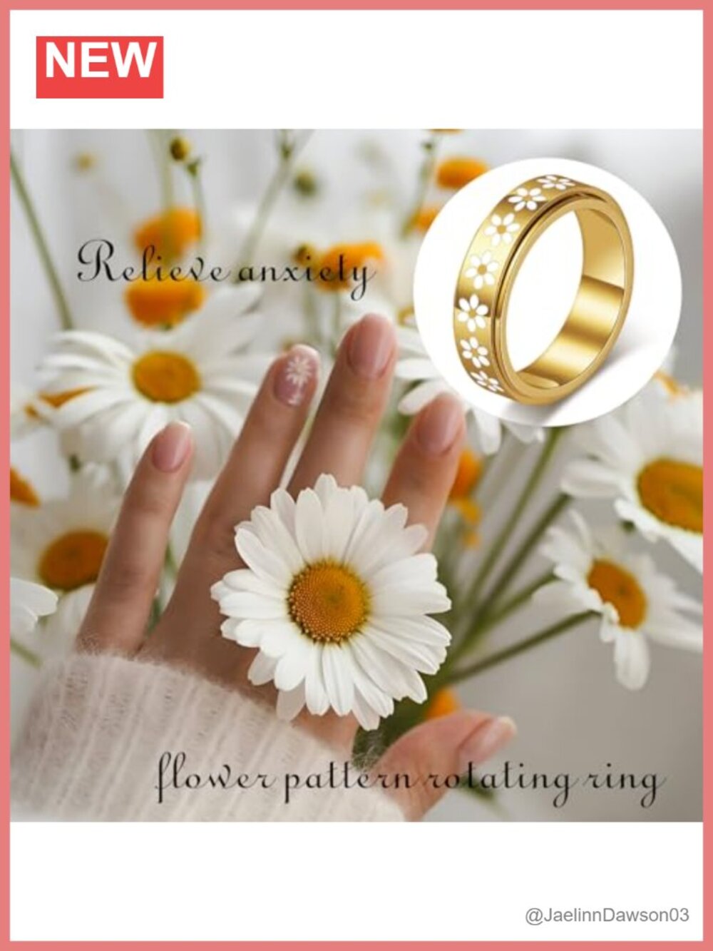 18K Gold Plated Stainless Steel Daisy Fidget Spinner Ring for Anxiety Relief
